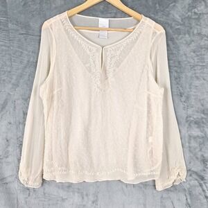 Womens Top 14/16 Vintage Y2K 90s Silk Beaded Boho Ethereal Embroidered Sheer